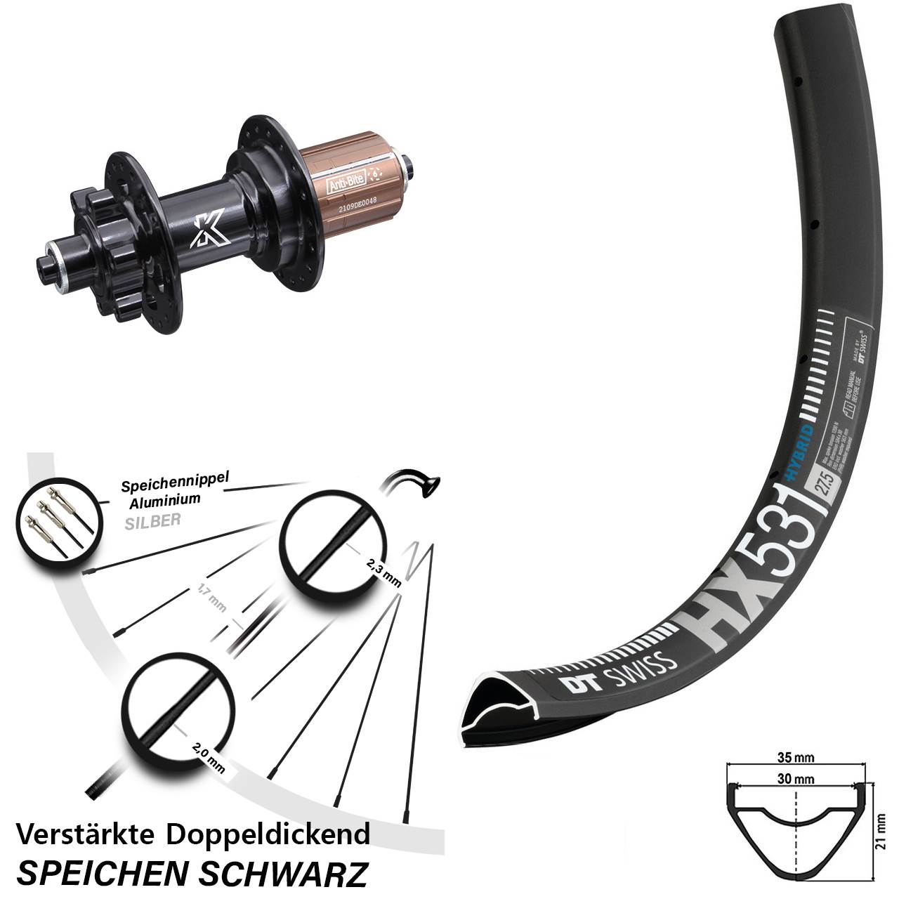 6-Loch Hinterrad QR 29 Zoll DT Swiss HX 531 KX-M 8-12 fach