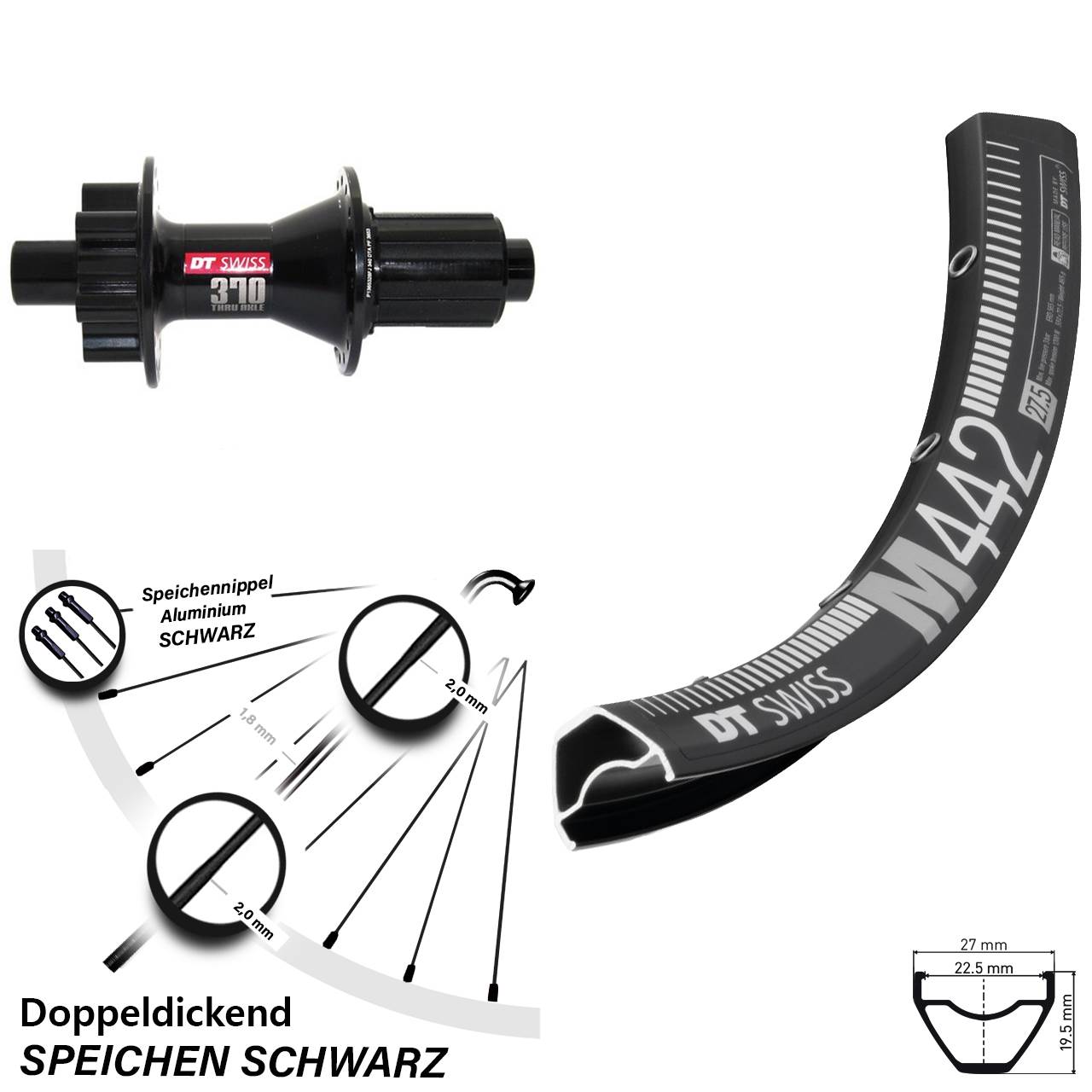 6-Loch Hinterrad 12x142 28 Zoll DT Swiss M442-370 8-11 fach