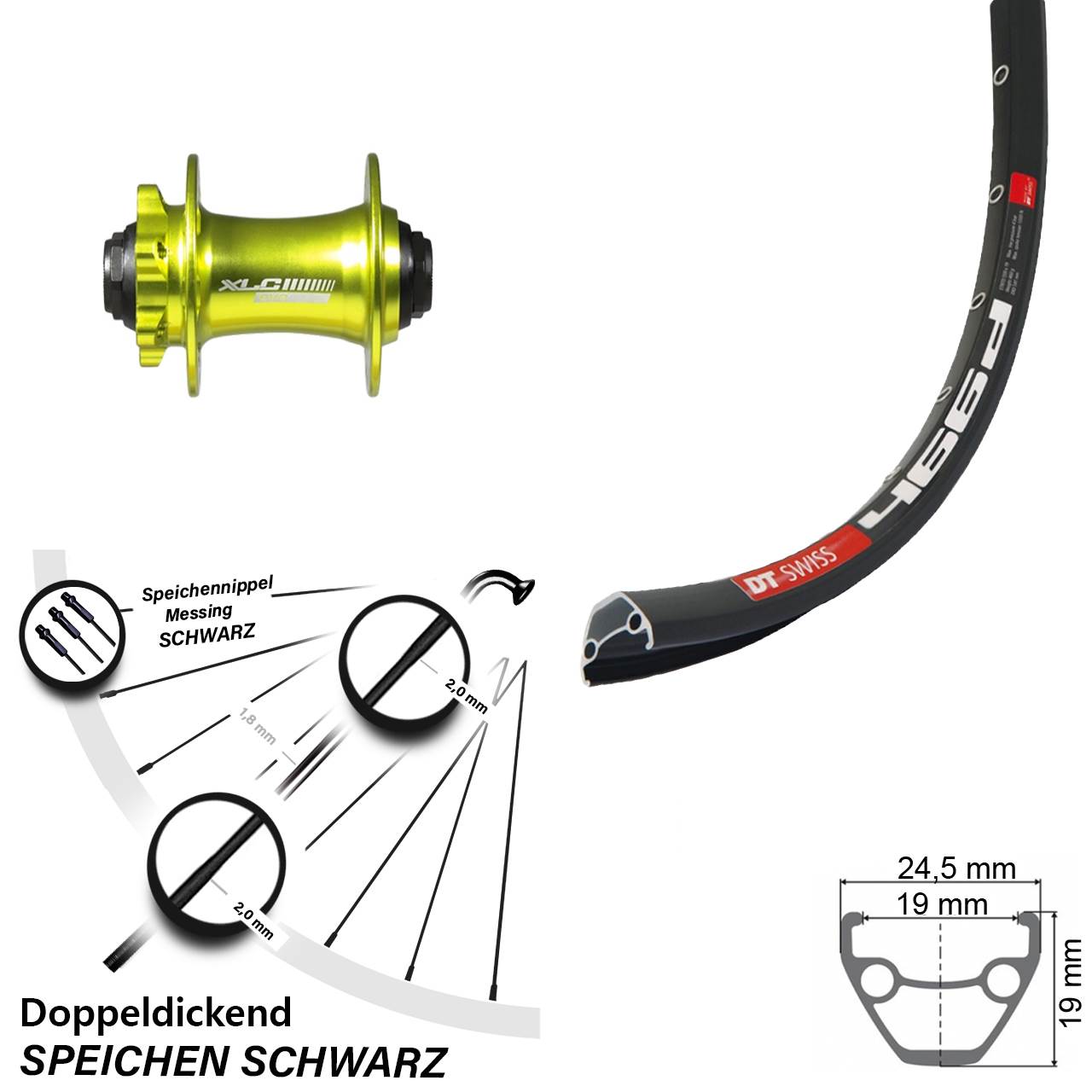 29 Zoll DT Swiss 466D XLC Evo grün eloxiert Disc Vorderrad 15x100