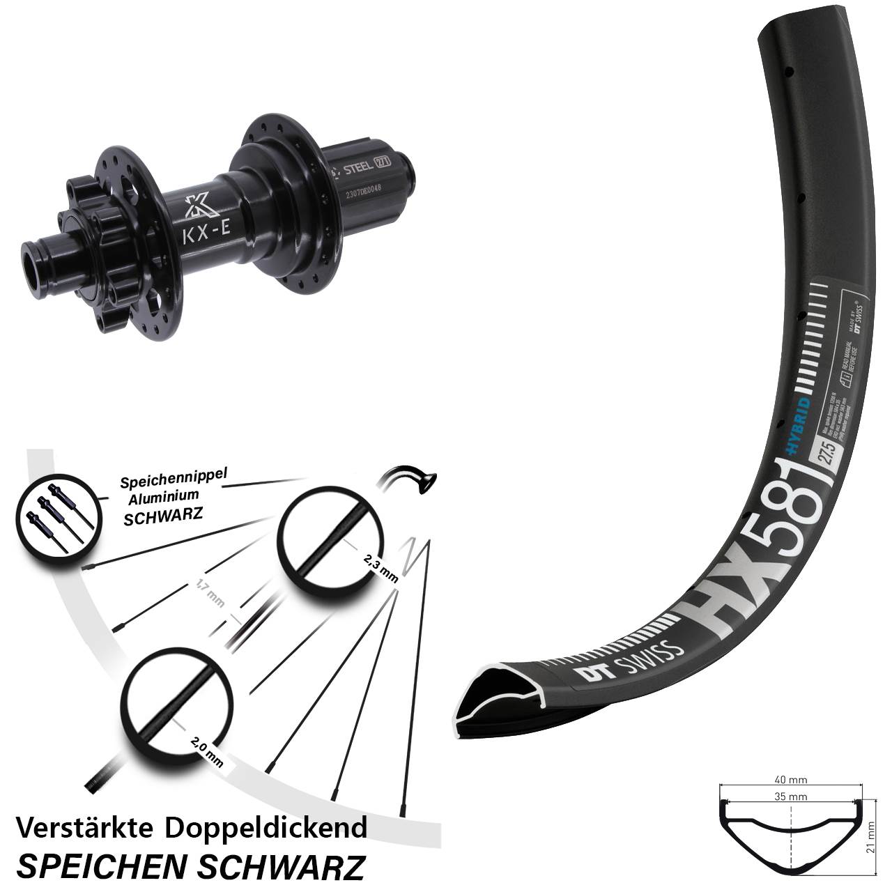 Boost Disc Hinterrad 12x148 27,5 Zoll DT Swiss HX 581 KX-E Stahl Freilauf 8-12 fach HG