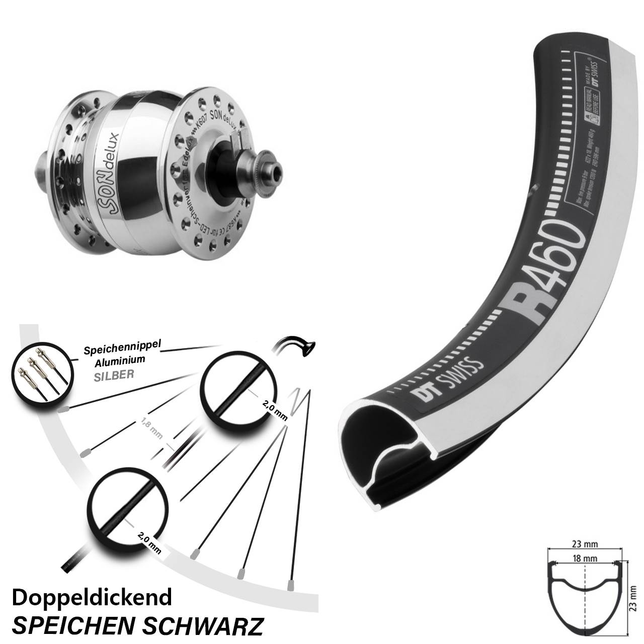 Nabendynamo-Vorderrad 28 Zoll DT Swiss R 460 SONdelux poliert QR