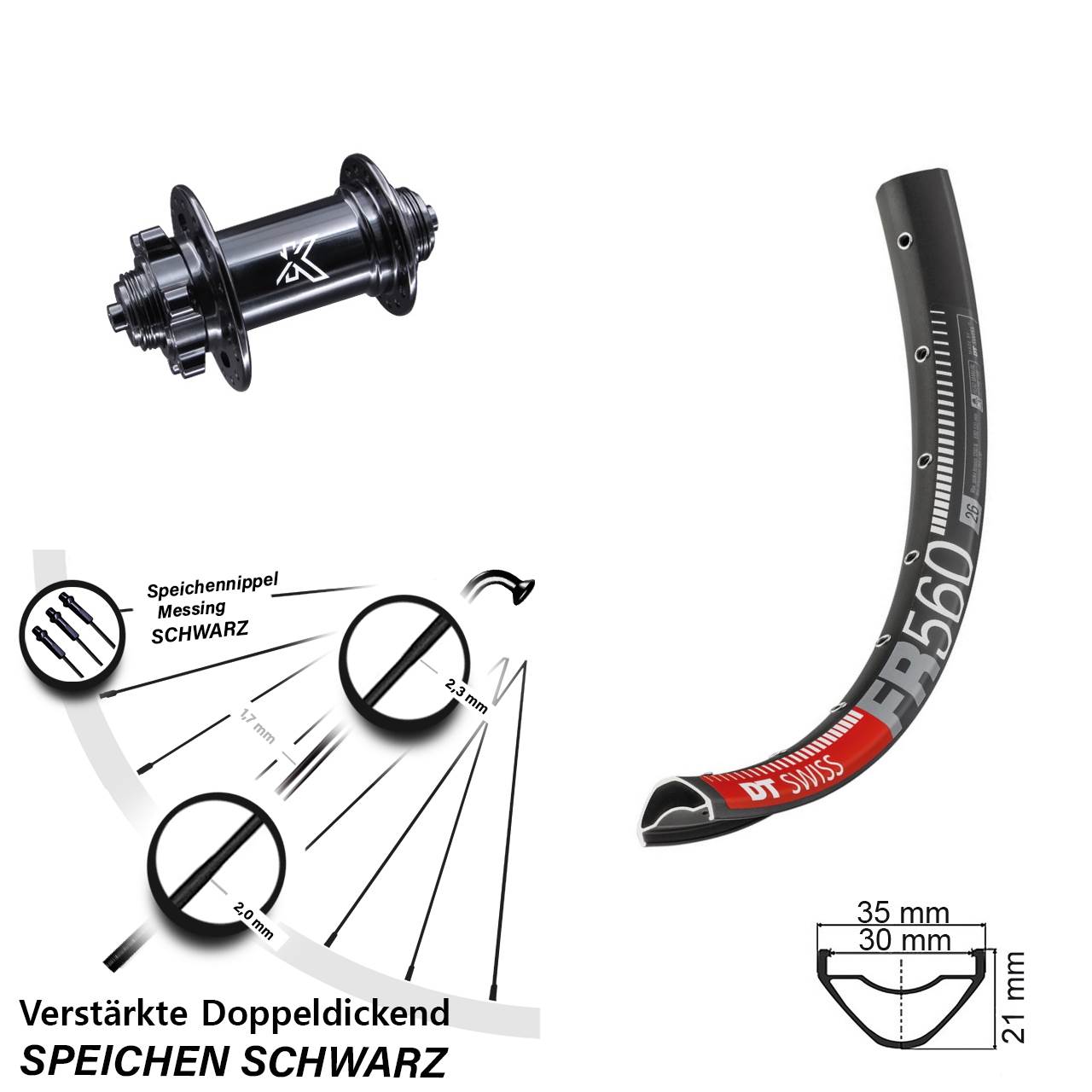 6-Loch Vorderrad für Schnellspanner 26 Zoll DT Swiss FR560 KX-M
