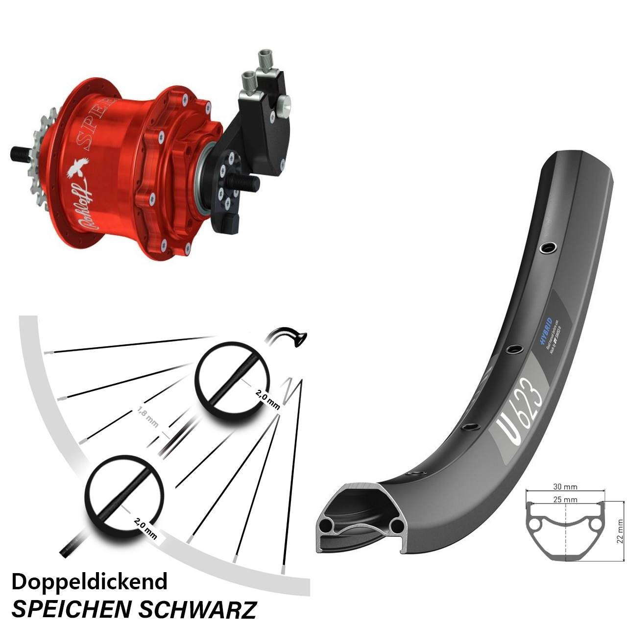 28-29 Zoll DT Swiss U623 Rohloff Speedhub 500/14 TS DB OEM rot