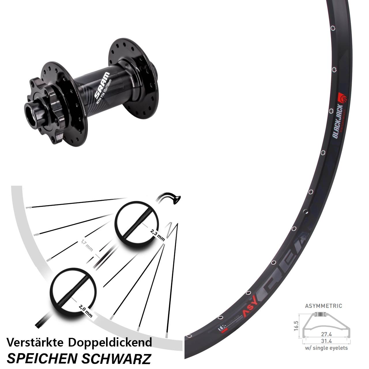 27,5 Zoll Rodi Ready 27 Sram 716 Disc Laufrad 15x110 Boost