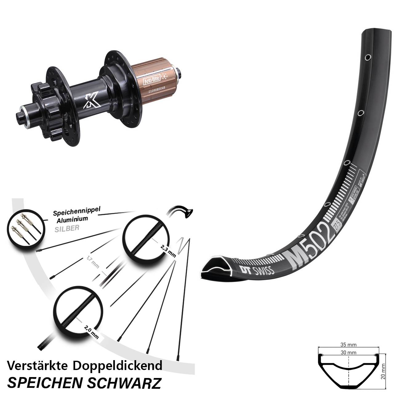 6-Loch Hinterrad für Schnellspanner 29 Zoll DT Swiss M502 KX-M 8-12 fach