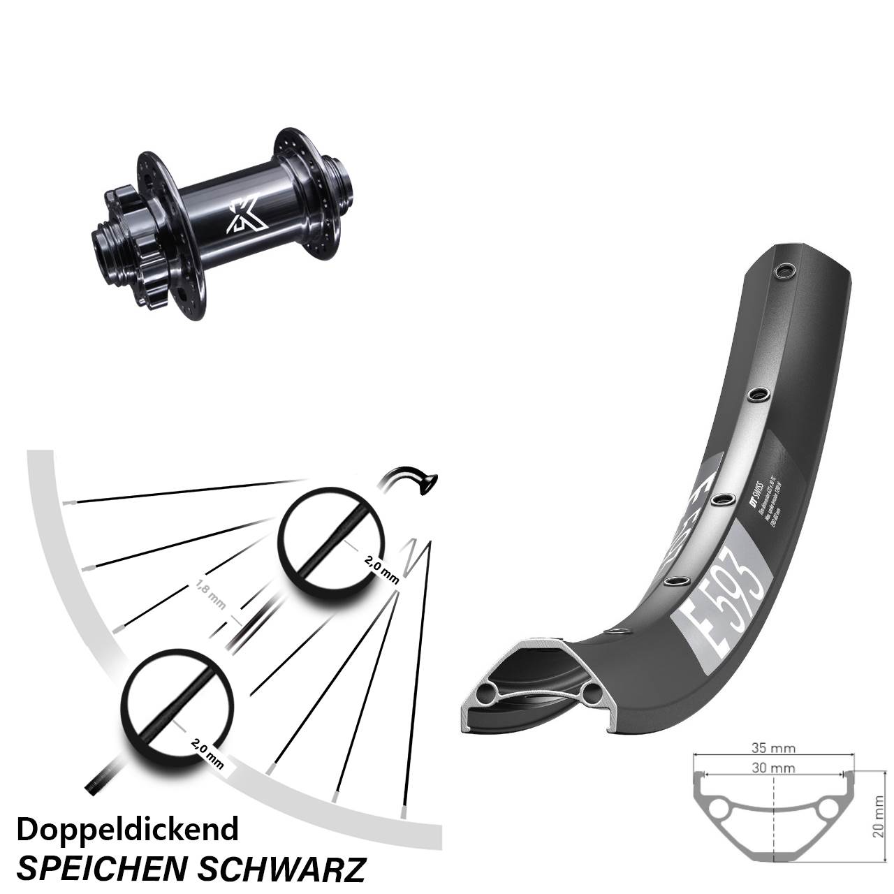 DT Swiss E593 KX-M 29 Zoll Vorderrad 6-Loch 15x100