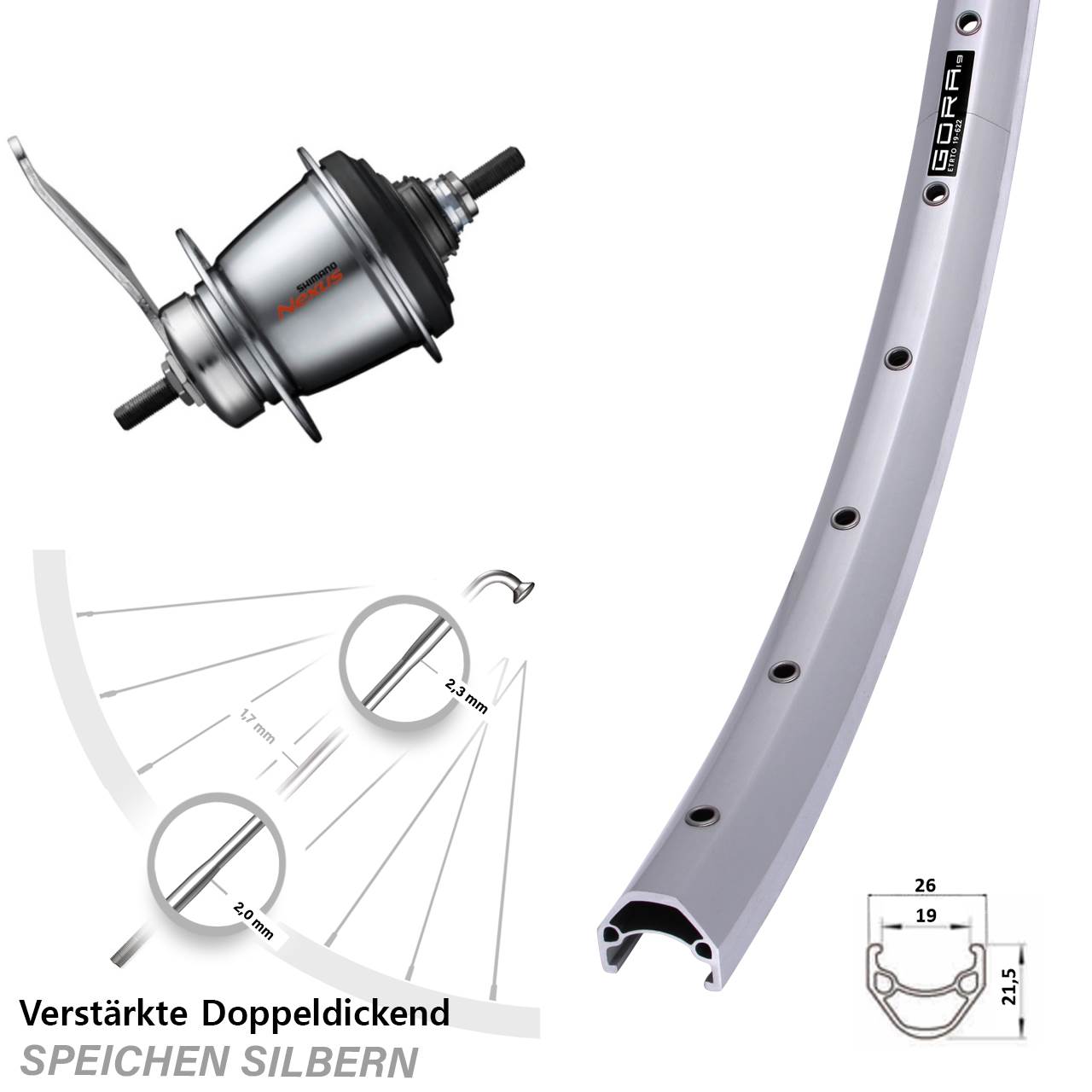 28 Zoll Hinterrad Gora 19 Shimano 7 Gang silbern