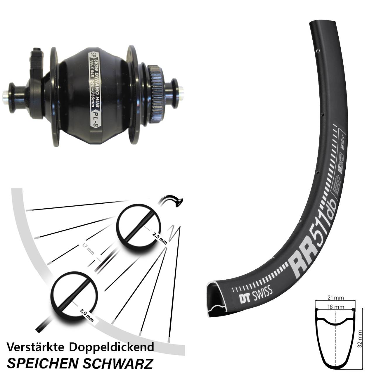 Centerlock Dynamo-Vorderrad QR 28 Zoll DT Swiss RR511 Shutter Precision PL-8