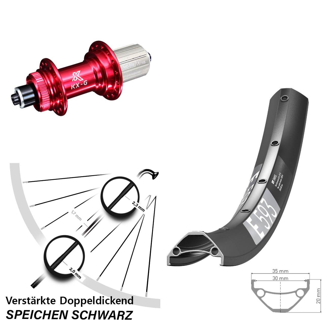 Hinterrad Centerlock für Schnellspanner 29 Zoll DT Swiss E 593 KX-G rot 8-12 fach