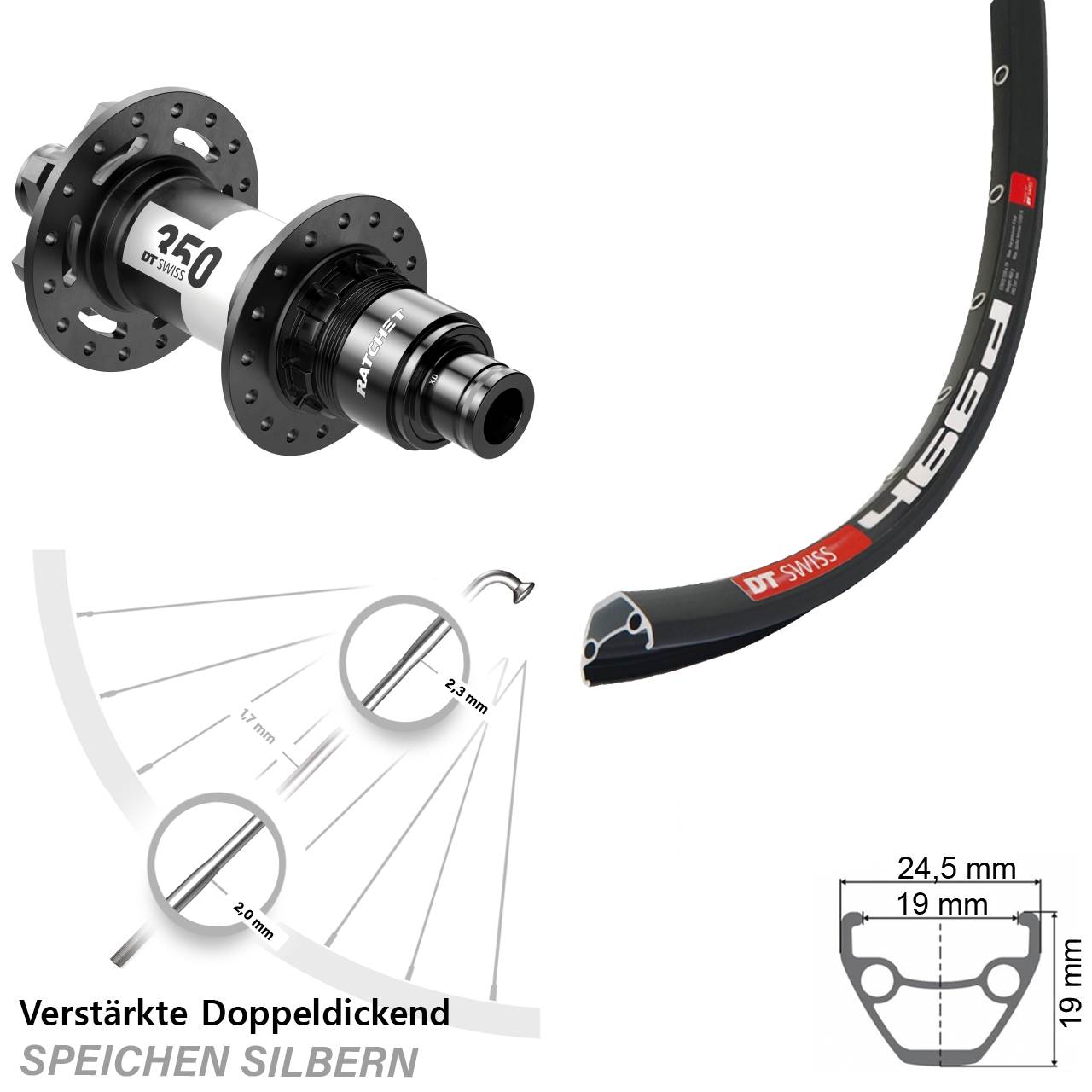 29 Zoll DT Swiss 466-350 Ratchet 36 Hinterrad 6-Loch 12x142 XD 11-12 fach