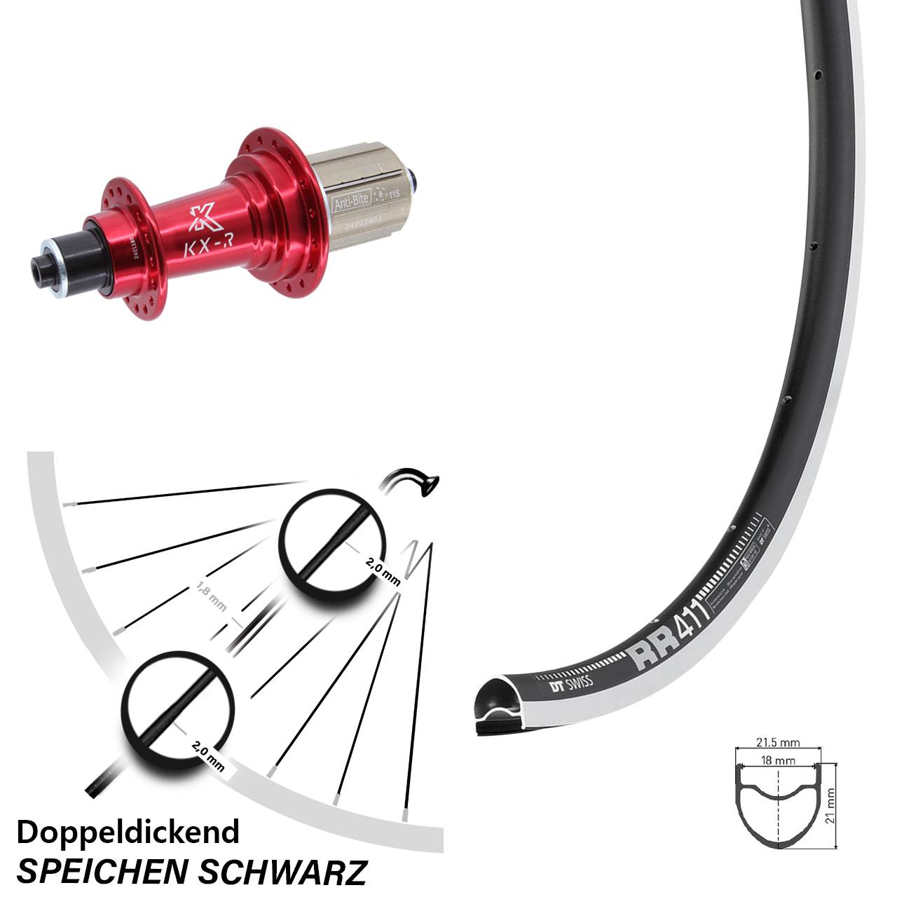 Laufrad hinten 28 Zoll DT Swiss RR411 KX-R rot 8-12 fach für Schnellspanner