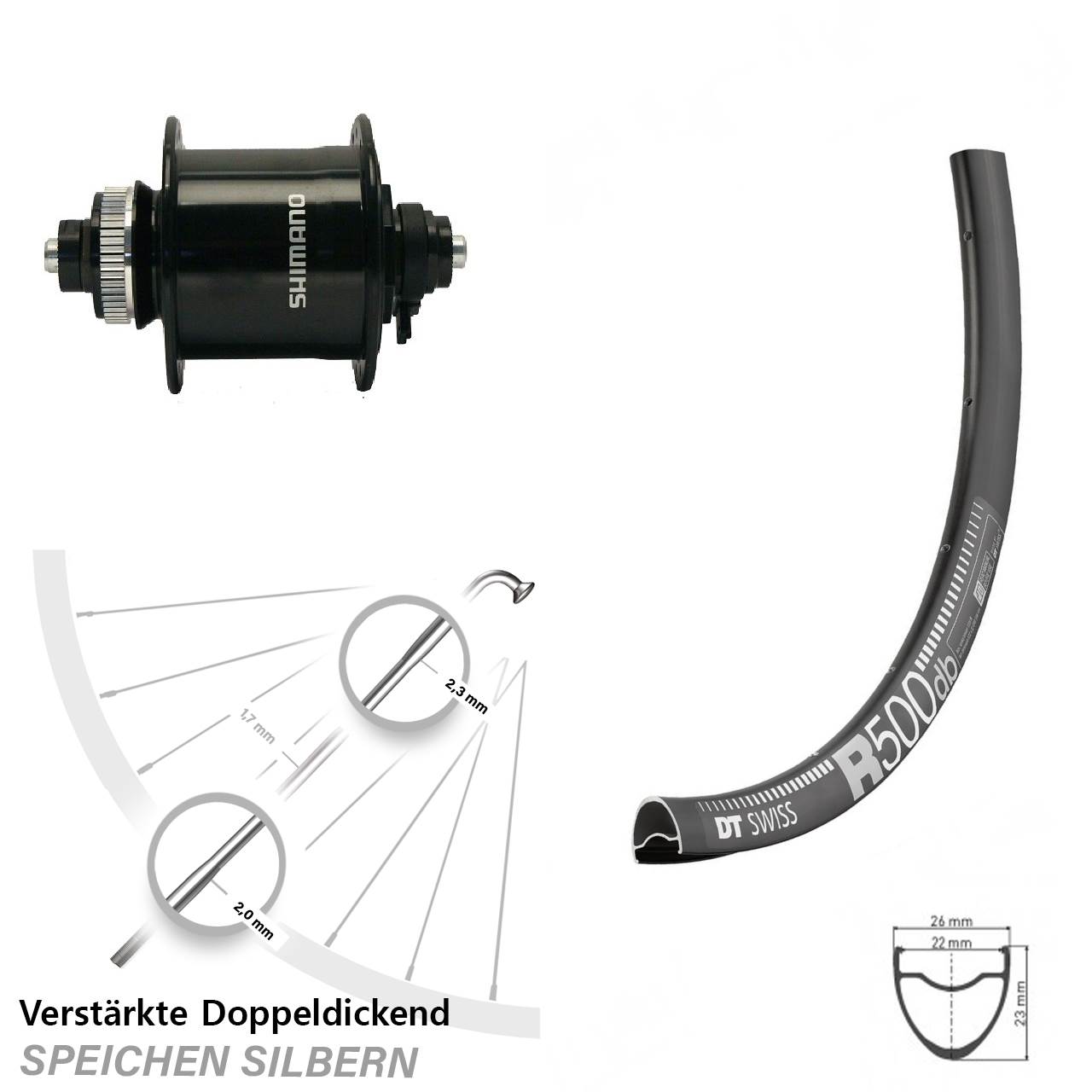 Nabendynamo-Vorderrad Centerlock 28 Zoll DT Swiss R500 Shimano DH-UR700 für Schnellspanner