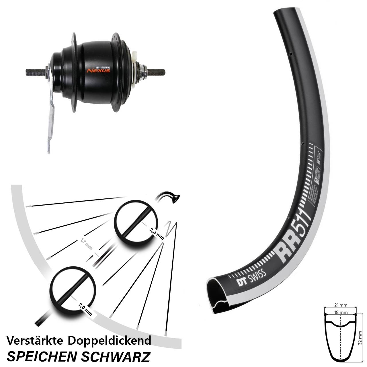 Hinterrad 28 Zoll Shimano Nexus 8 Gang DT Swiss RR-511 Rücktrittbremse