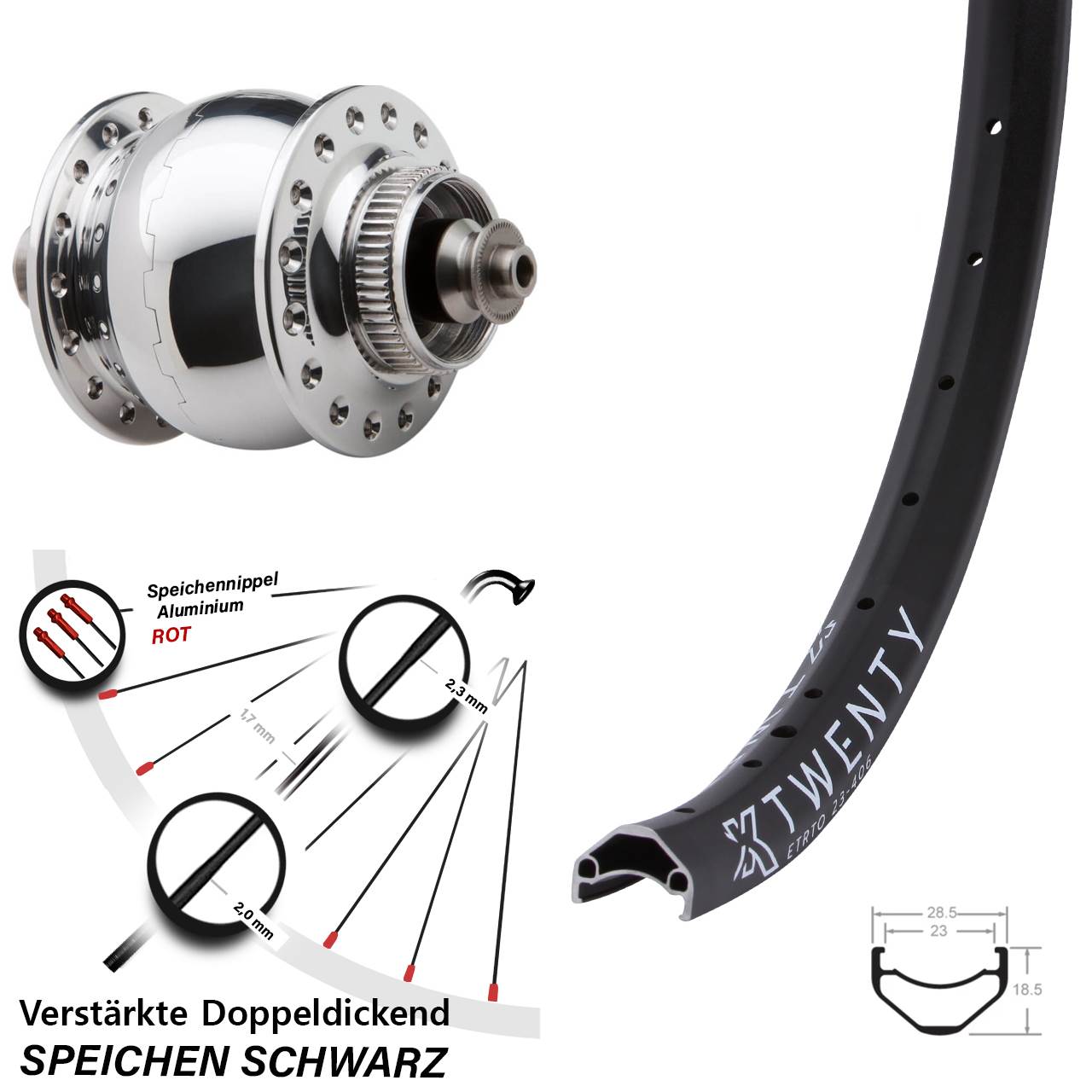 Nabendynamo-Vorderrad Centerlock 20 Zoll KX Twenty SONdelux QR