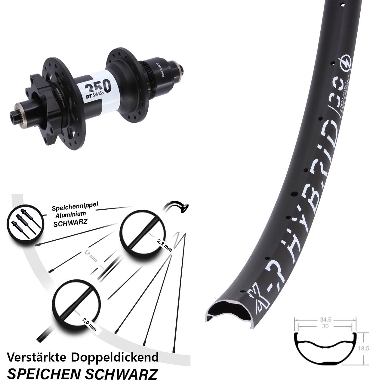 29 Zoll KX-R Hybrid 30 DT Swiss 350 Disc Hinterrad für Schnellspanner XD