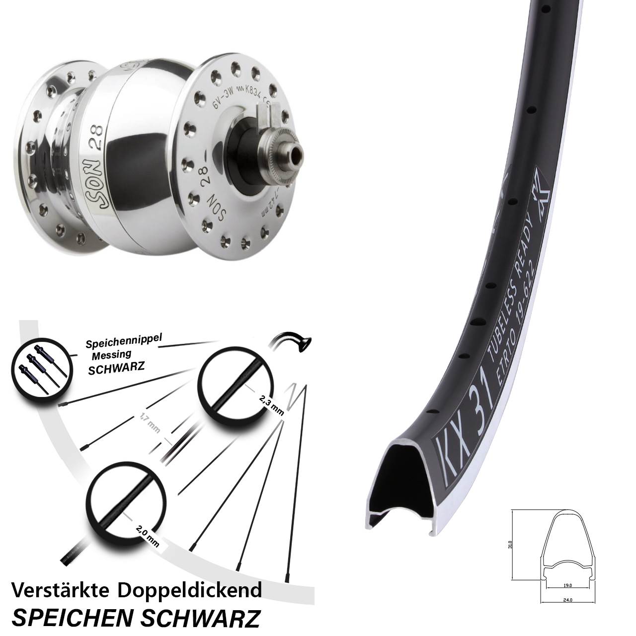 Vorderrad 28 Zoll KX 31 SON 28 Felgenbremse silbern poliert