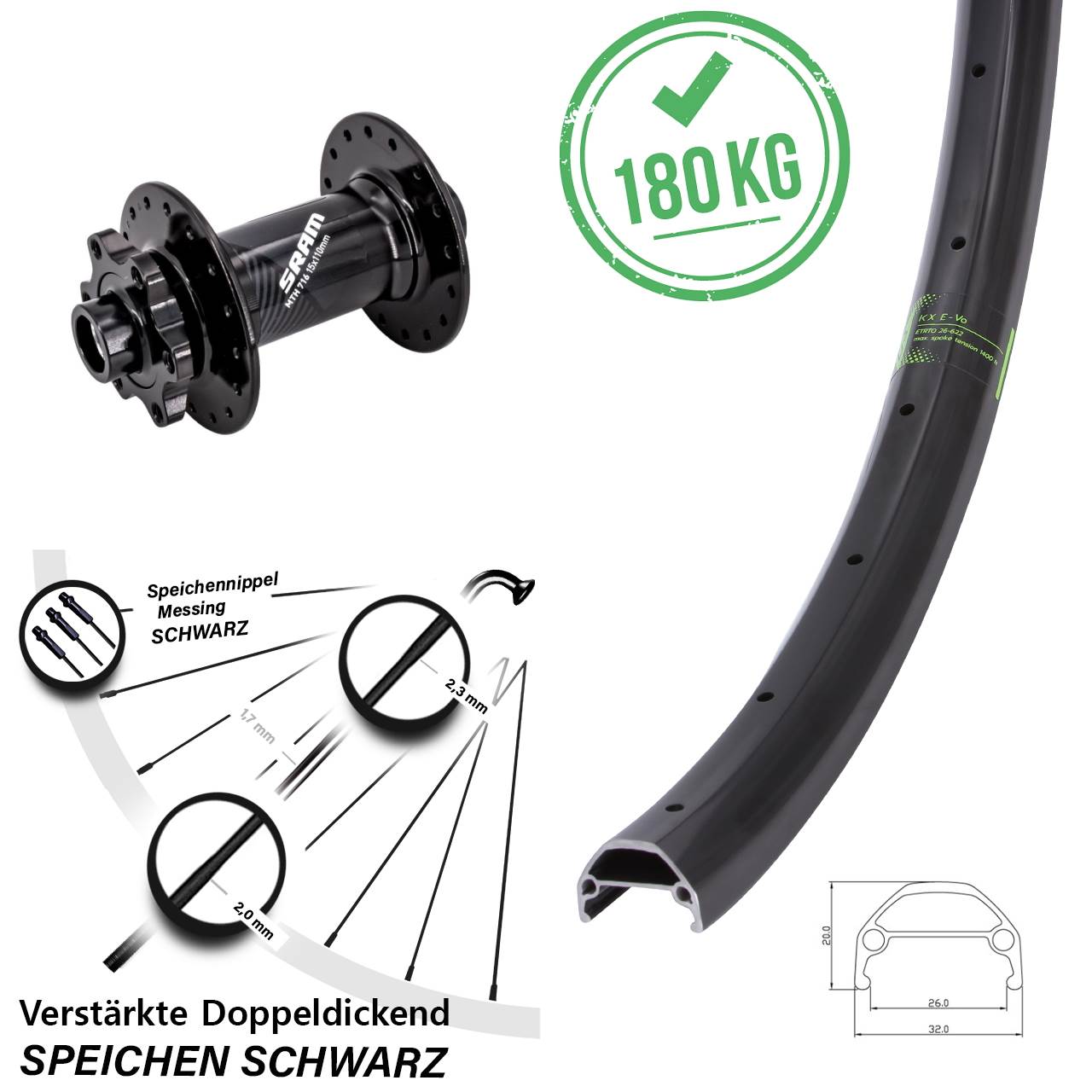 Disc Vorderrad 26 Zoll KX Evo Sram 716 15x110 Boost