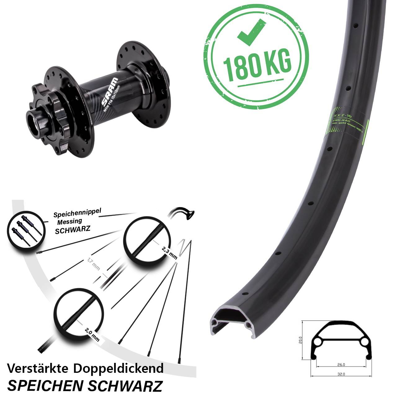 Disc Vorderrad 26 Zoll KX Evo Sram 716 15x110 Boost