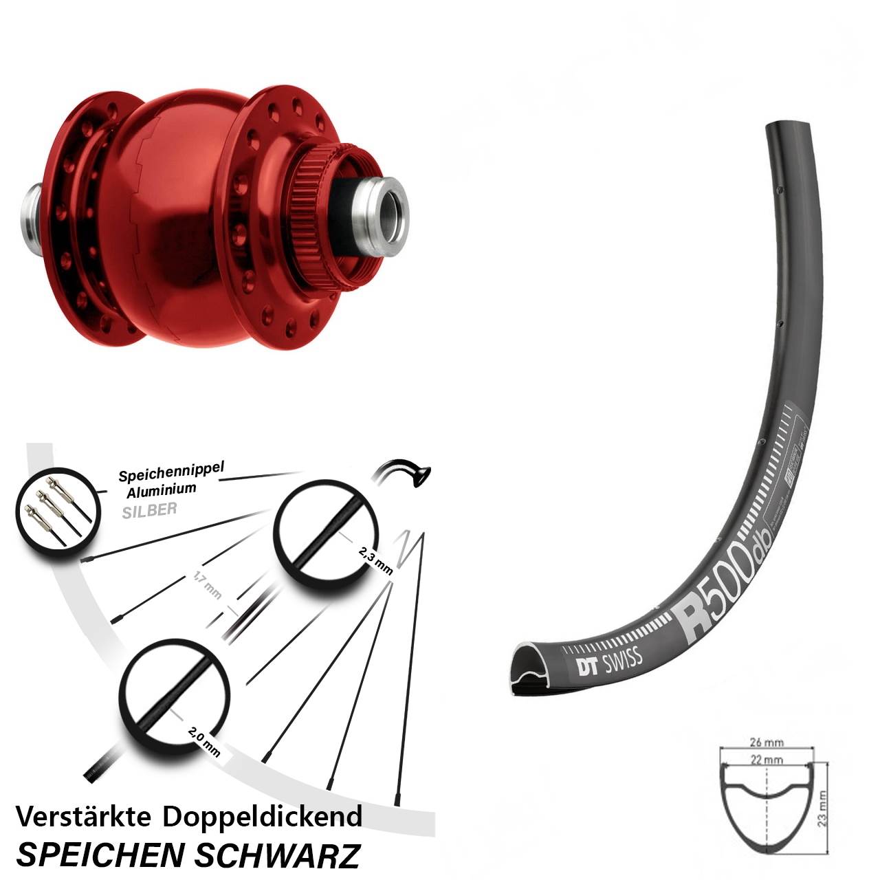 Centerlock Dynamo-Vorderrad 12x100 28-29 Zoll DT Swiss R500 SON 28 rot