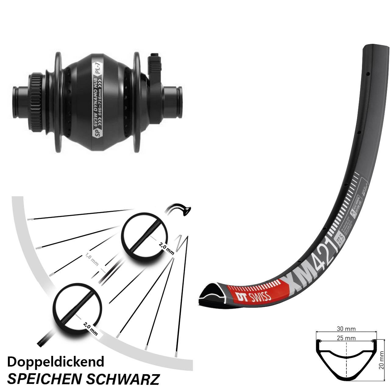 29 Zoll DT Swiss XM 421 Shutter PL-7 Dynamo-Vorderrad Centerlock 12x100