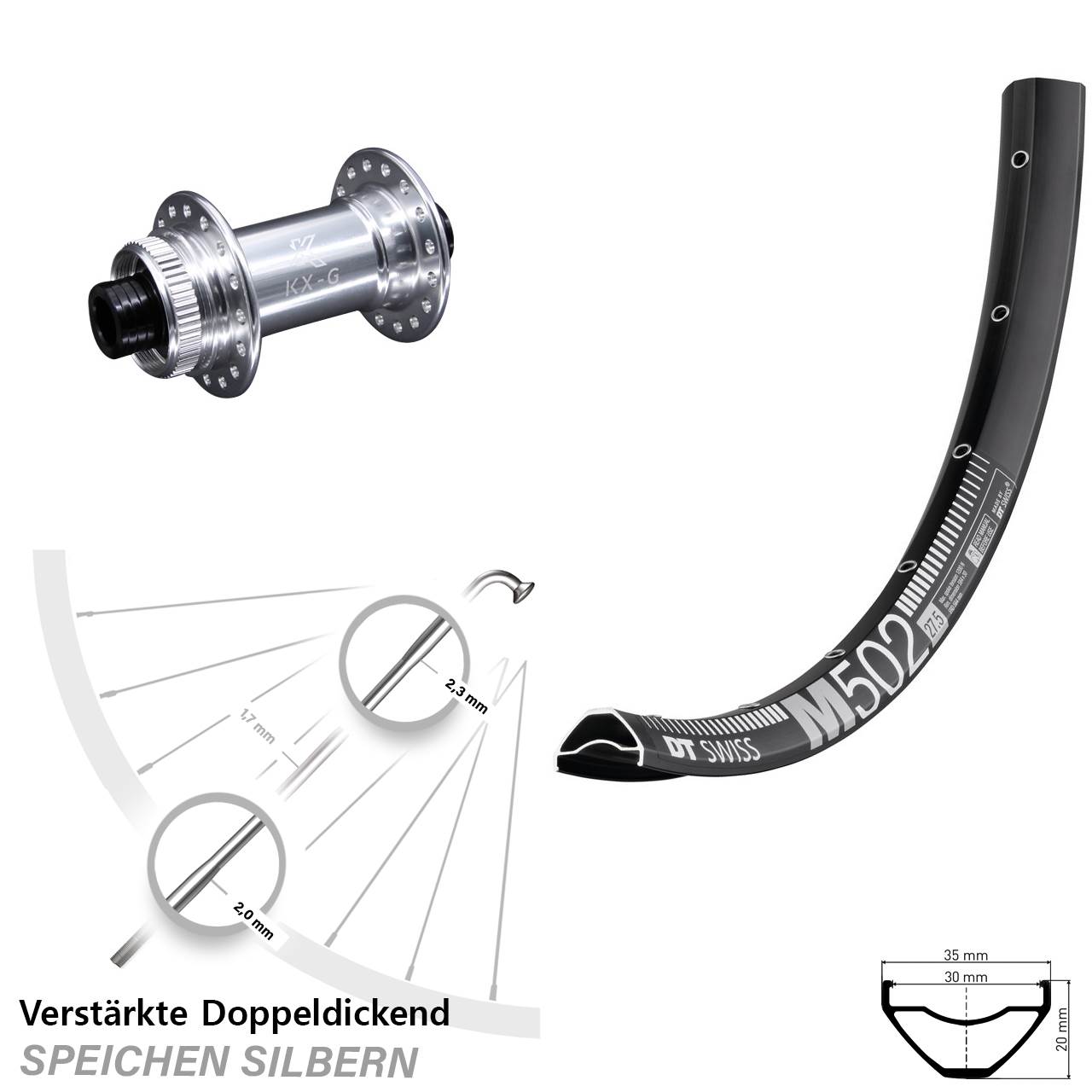 29 Zoll DT Swiss M 502 KX-G silbern 15x100 mm Vorderrad Centerlock