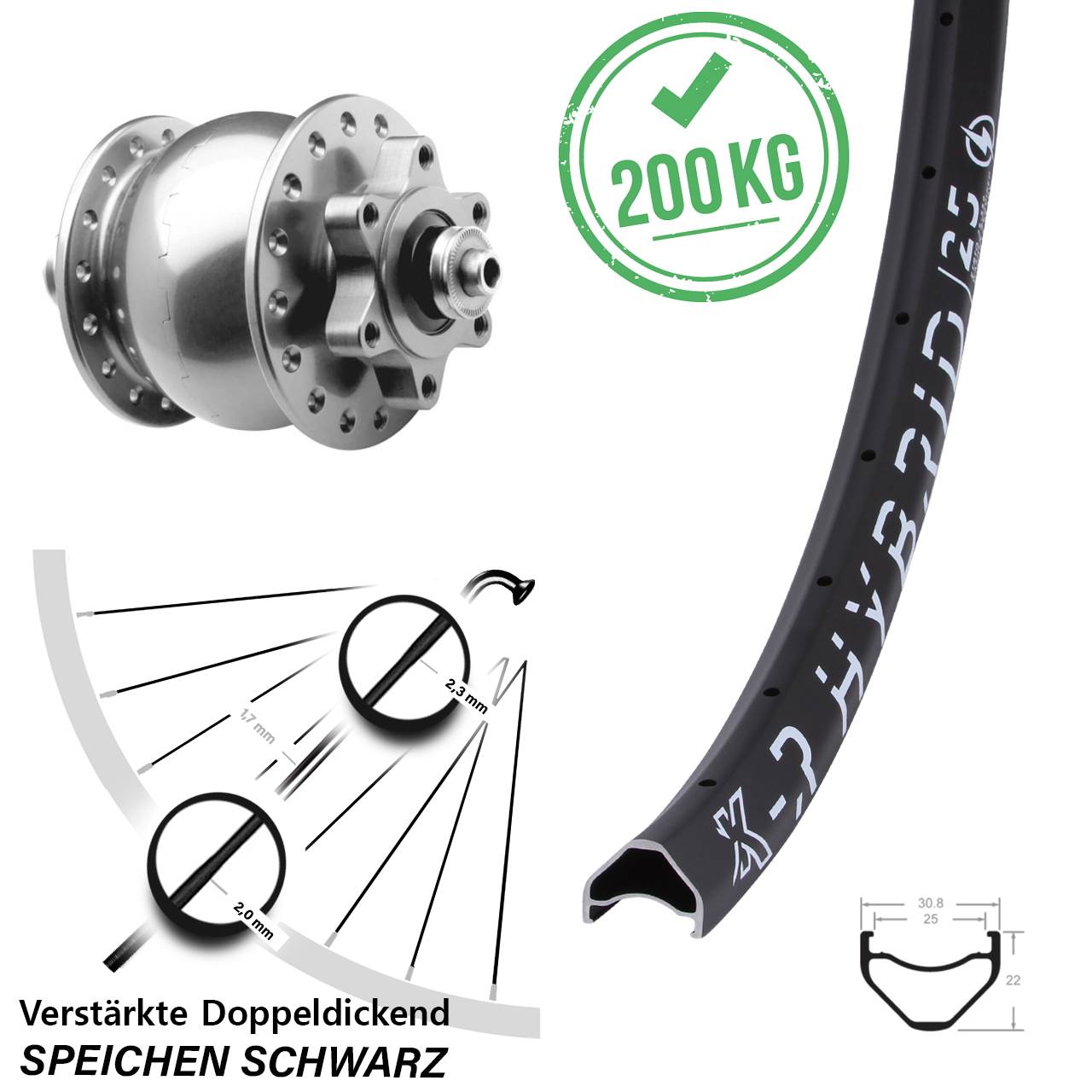 27,5 Zoll KX-R Hybrid 25 SON 28 silbern Dynamo-Vorderrad 6-Loch QR