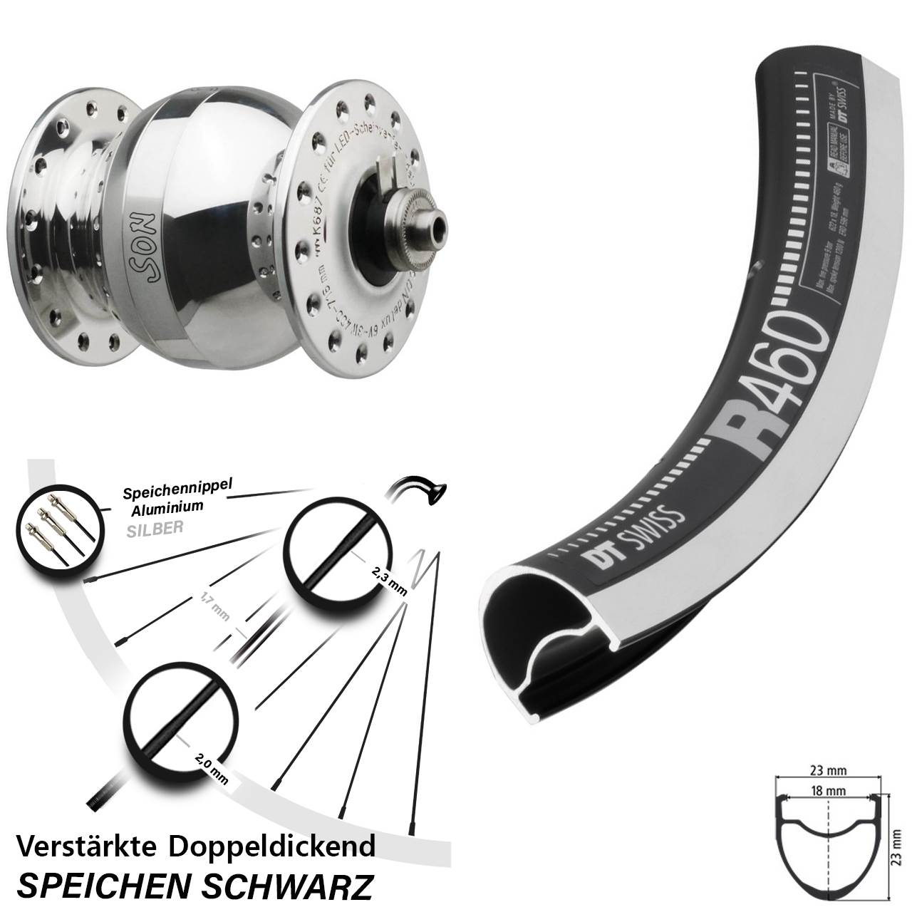 Nabendynamovorderrad für Schnellspanner 28 Zoll DT Swiss R 460 CNC SONdelux wide body