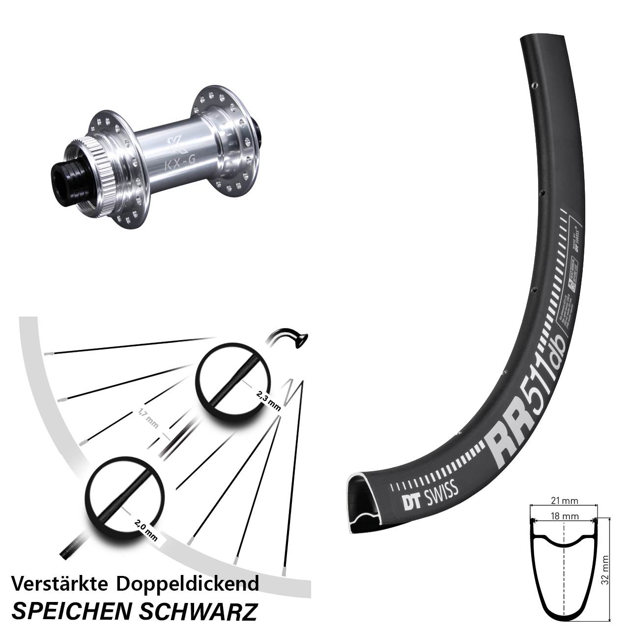 28 Zoll Vorderrad KX-G silbern 12x100 mm Road Disc DT Swiss RR 511 DB Centerlock