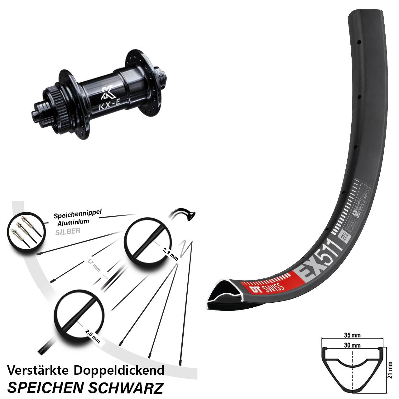 Centerlock Vorderrad 29 Zoll DT Swiss EX511 KX-E 4-fach gelagert QR