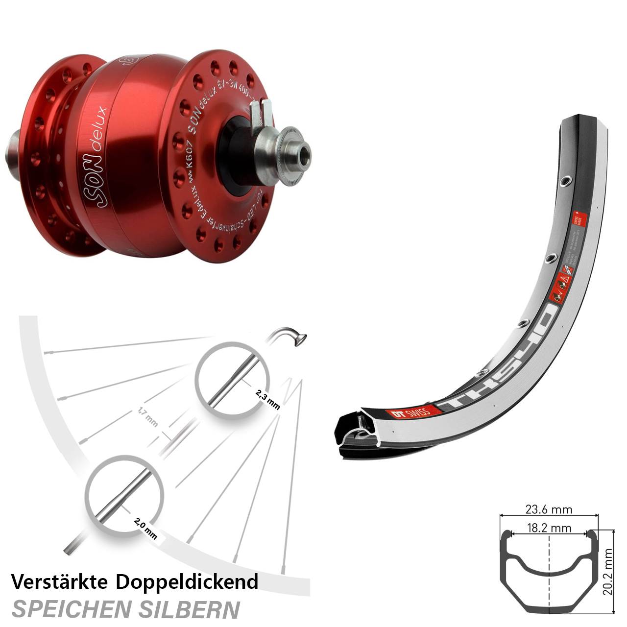 28 Zoll DT Swiss TK 540 SONdelux rot Dynamo-Vorderrad QR