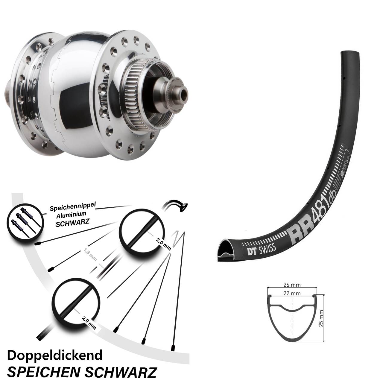 DT Swiss RR481 28 Zoll Vorderrad mit Nabendynamo SON delux Zoll Disc