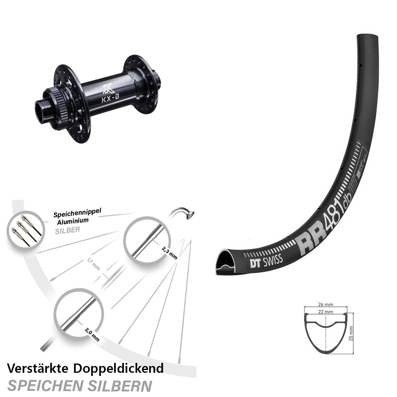 verstärktes Road 28 Zoll Vorderrad DT Swiss RR 481 Disc Centerlock KX-Boost 12x110 mm