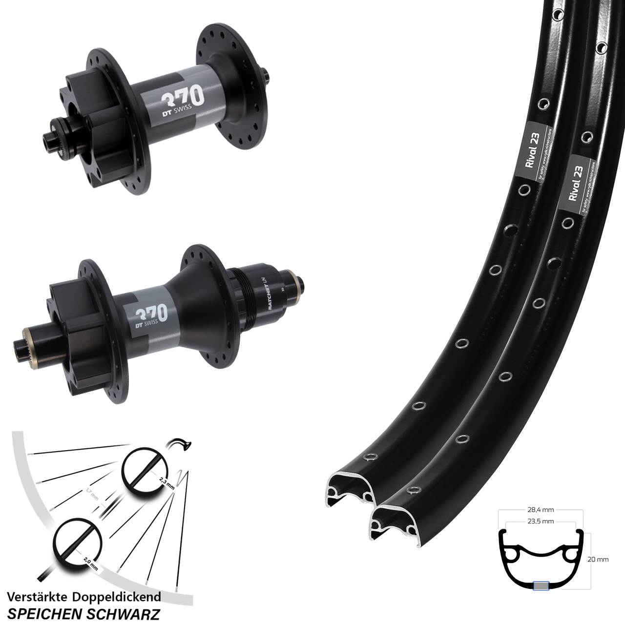 Disc Laufradsatz 27,5 Zoll Ryde Rival 23 DT Swiss 370 XD für Schnellspanner