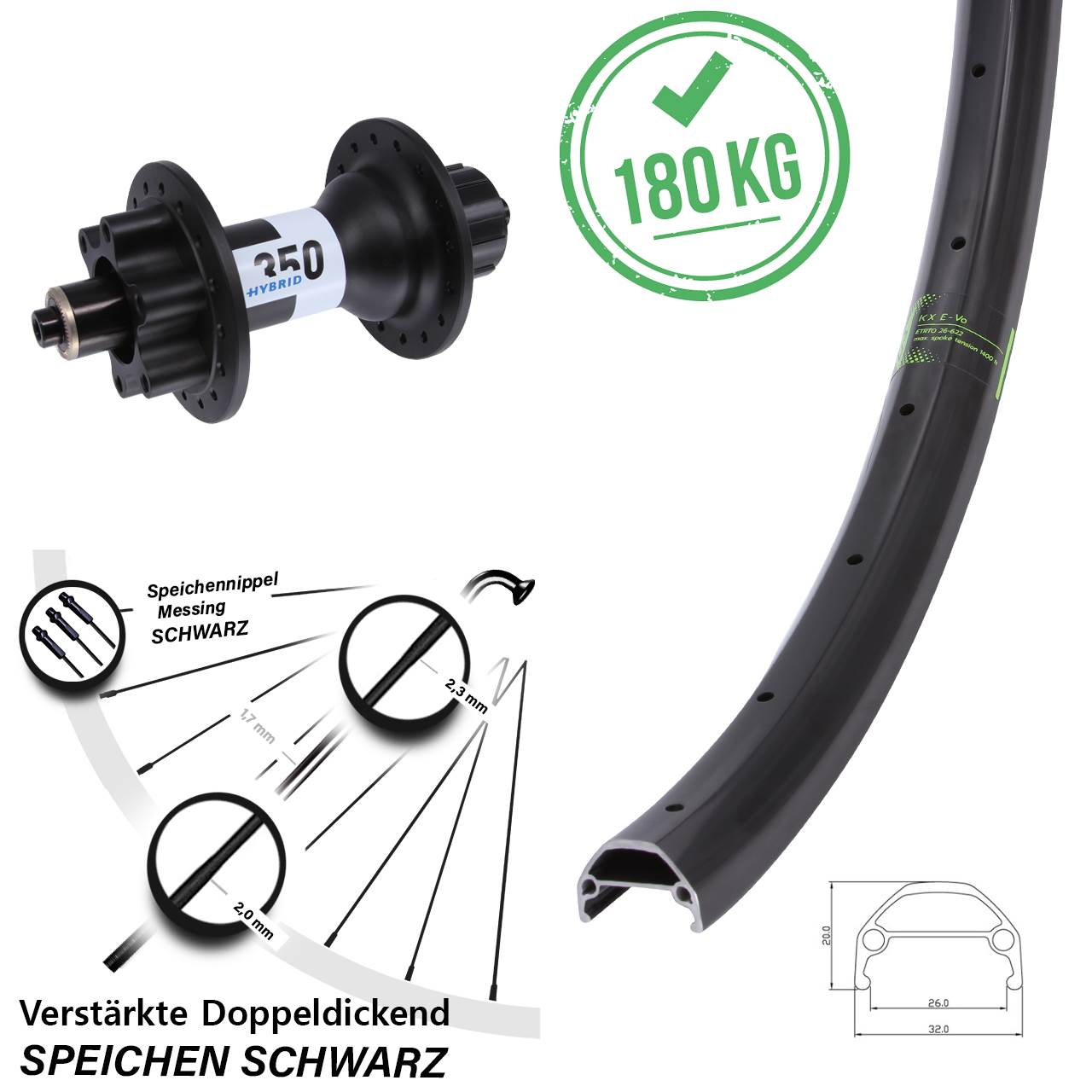Disc Hinterrad 26 Zoll KX Evo DT Swiss 350 Hybrid Singlespeed für Schnellspanner