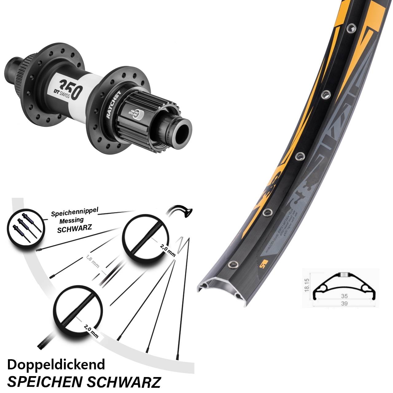 DT Swiss 350 Micro Spline Centerlock Rodi TRYP 35 Hinteres Rad 27,5 Zoll 12x148 mm