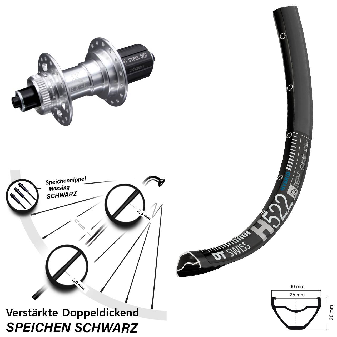Hinterrad Centerlock QR 28-29 Zoll DT Swiss H522 KX-E verstärkt 8-12 fach