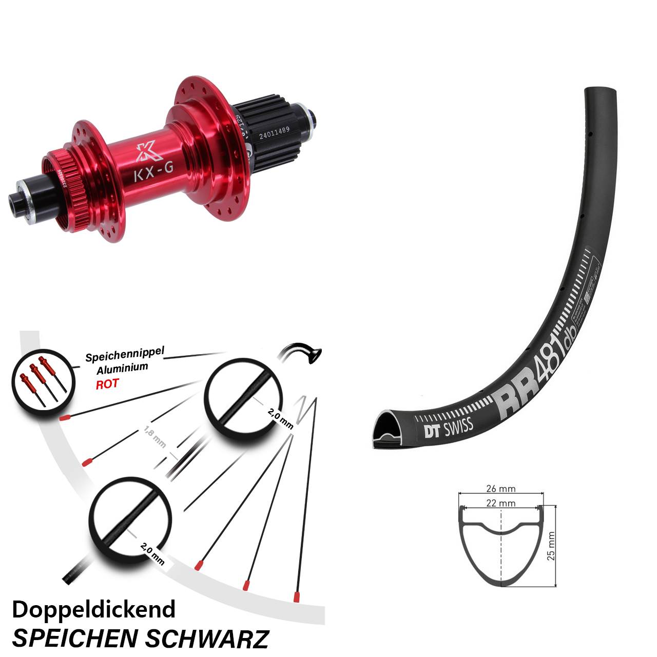 Hinterrad 28 Zoll DT Swiss RR481 KX-G rot 5x135 Centerlock Micro Spline