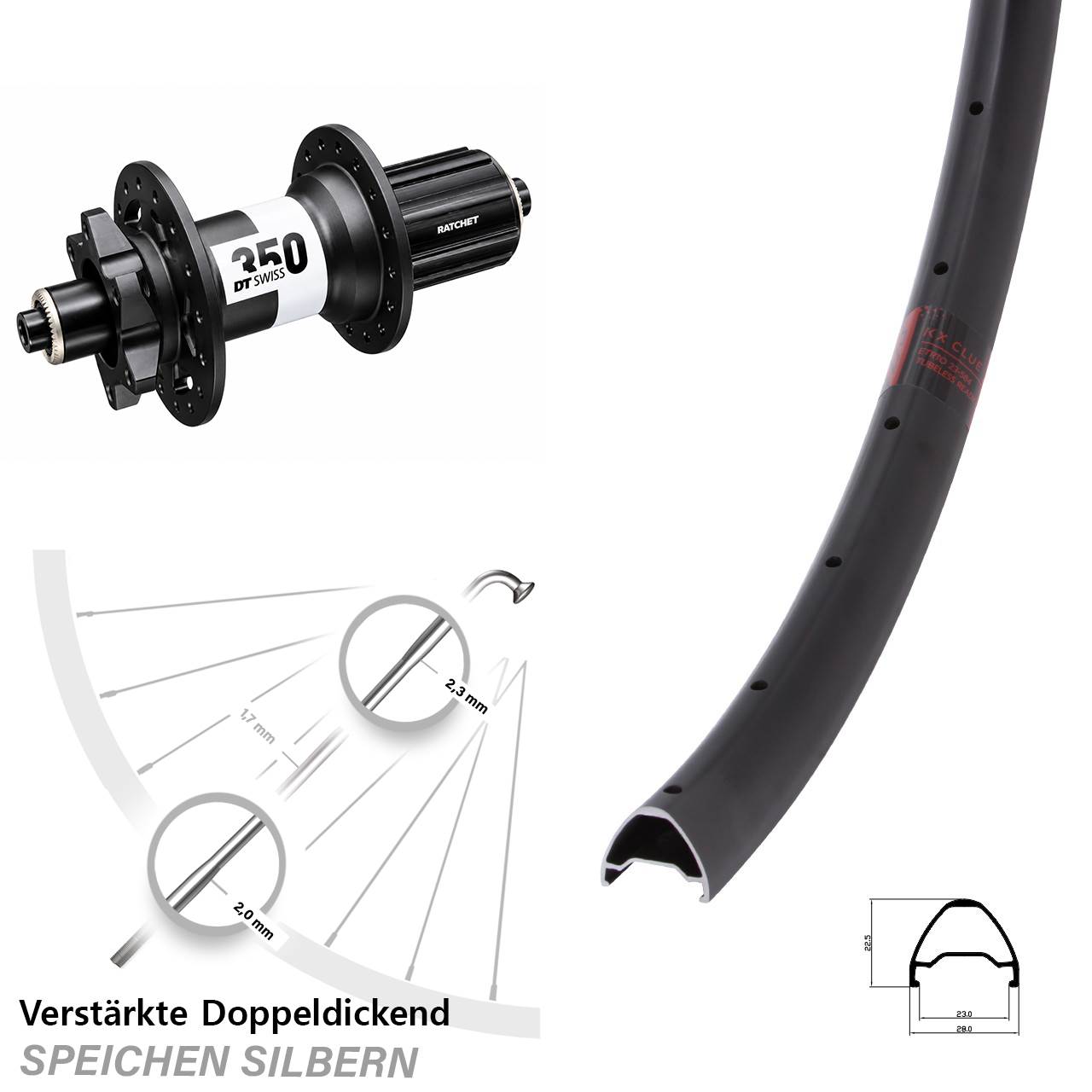 Hinterrad 6-Loch 29 Zoll KX Clue DT Swiss 350 Ratchet 36 8-11 fach HG QR Boost