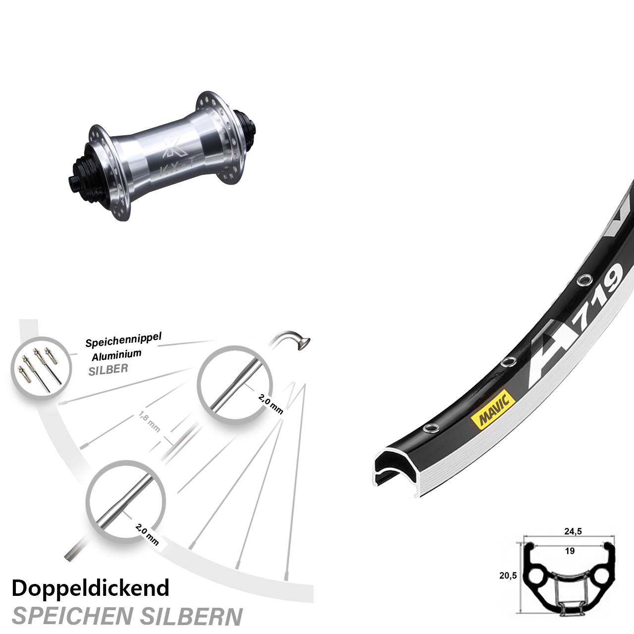 28 Zoll Vorderrad KX-T Nabe silbern Mavic A 719