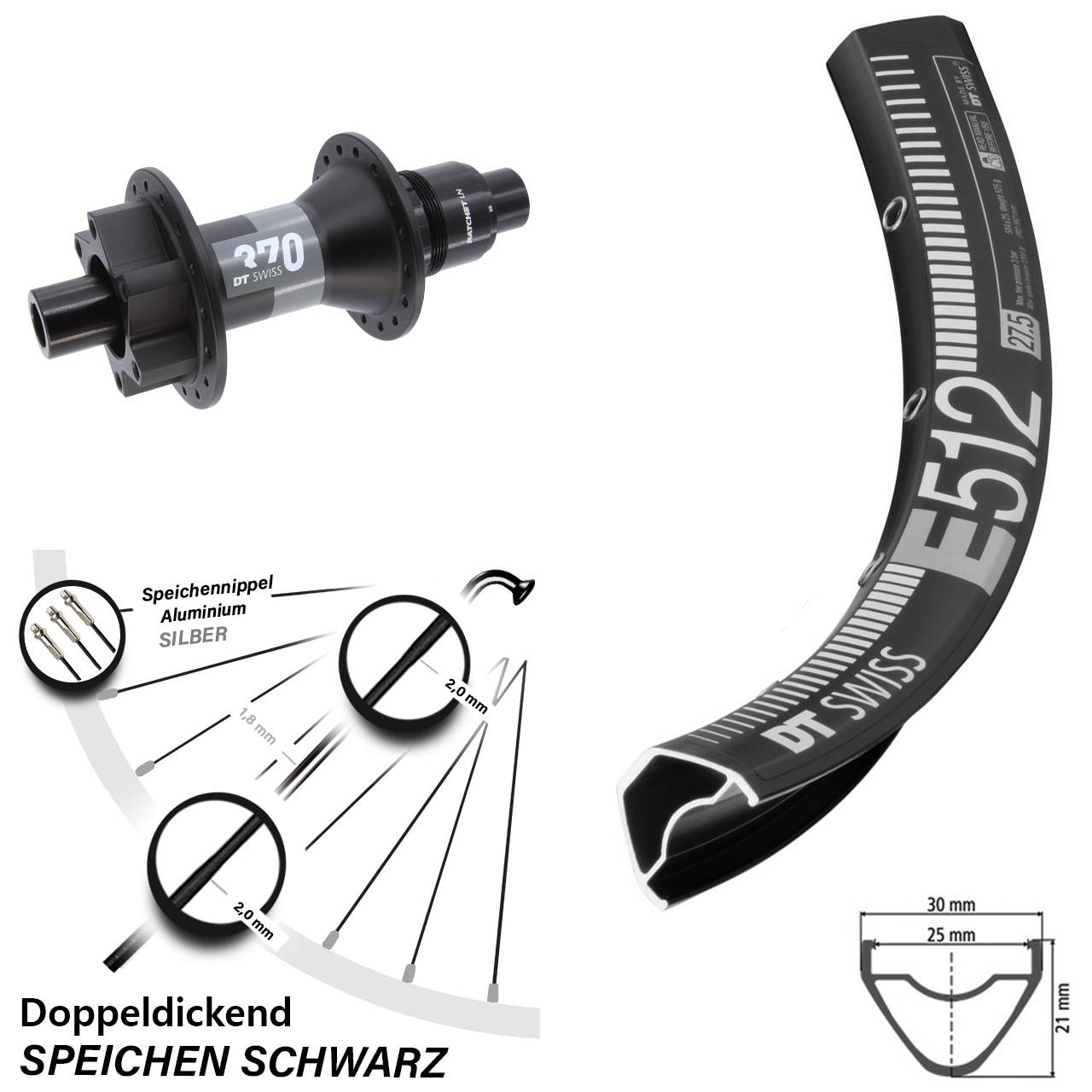 DT Swiss E 512 Hinterrad 27,5 Zoll mit 370 Boost 6-Loch Sram XD 12x148
