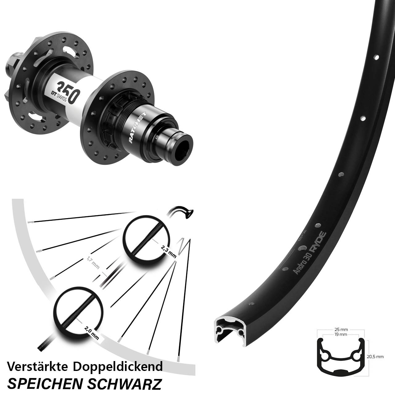 Hinterrad 6-Loch 12x142 29 Zoll Ryde Andra 30 DT Swiss 350 Ratchet 36 SRAM XD