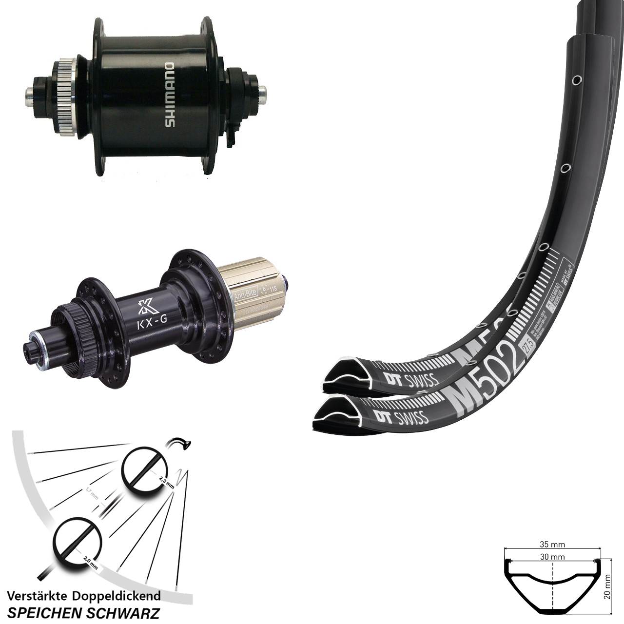 27,5 Zoll DT Swiss M502 KX-G Shimano DH-UR700-3D Disc Laufradsatz QR 8-12 fach