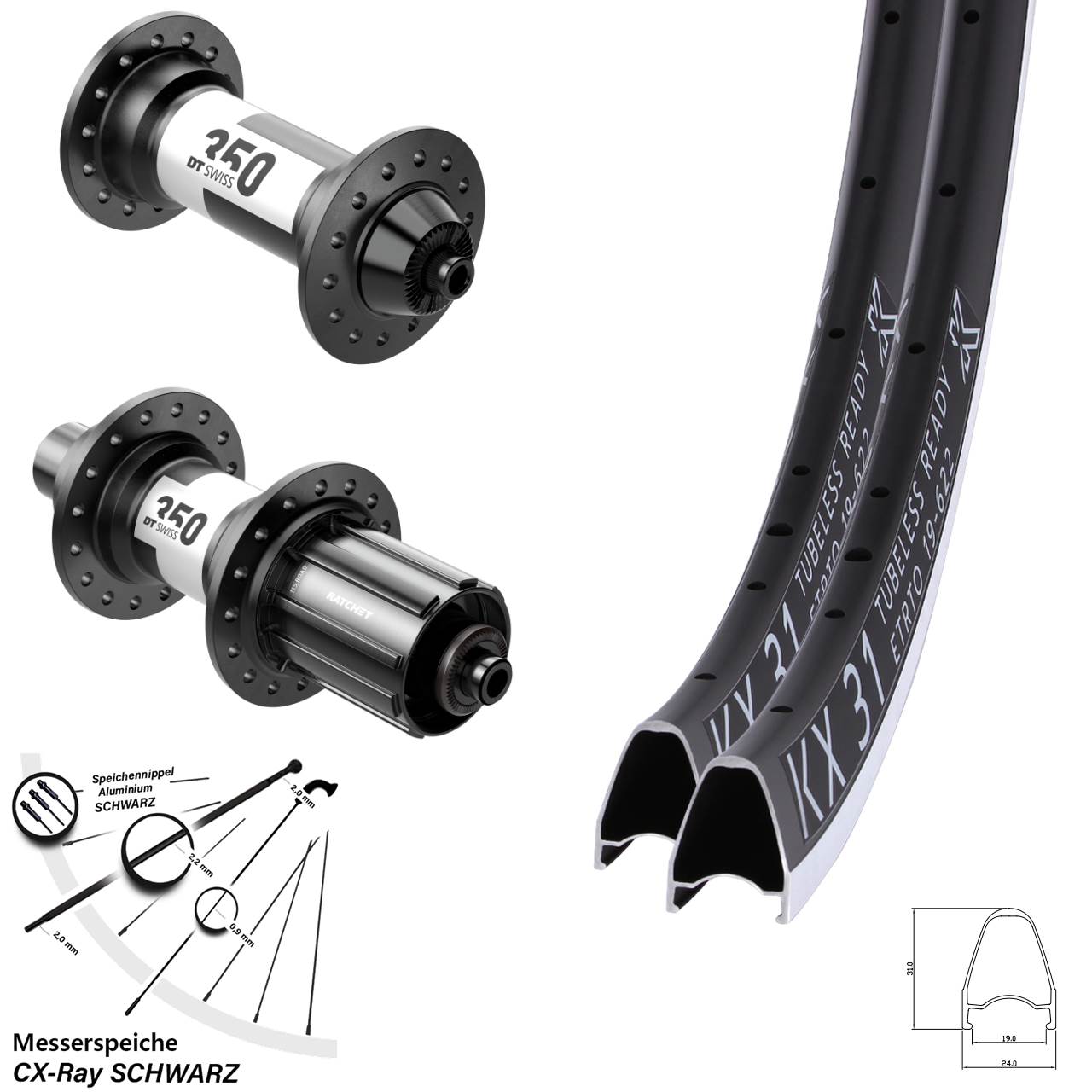 28 Zoll KX 31 DT Swiss 350 Rennrad Laufradsatz QR 11-12 fach HG CX-Ray