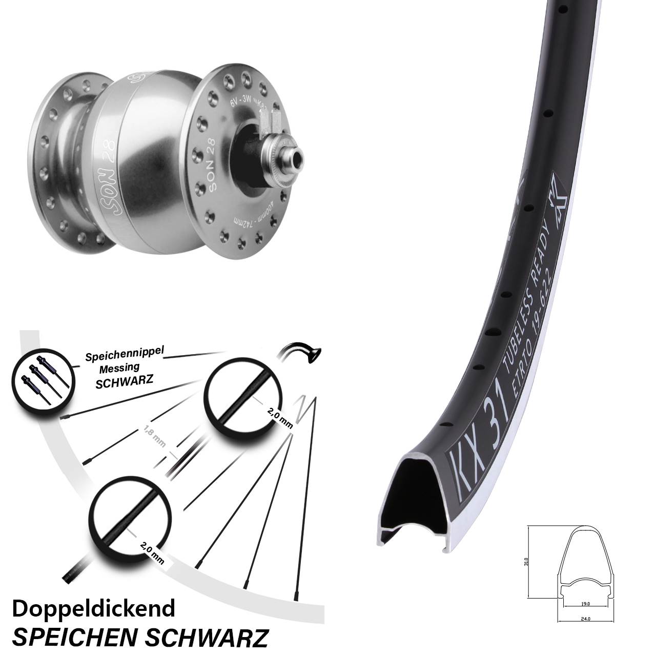 KX 31 SON 28 Zoll Vorderrad mit Nabendynamo für Schnellspanner