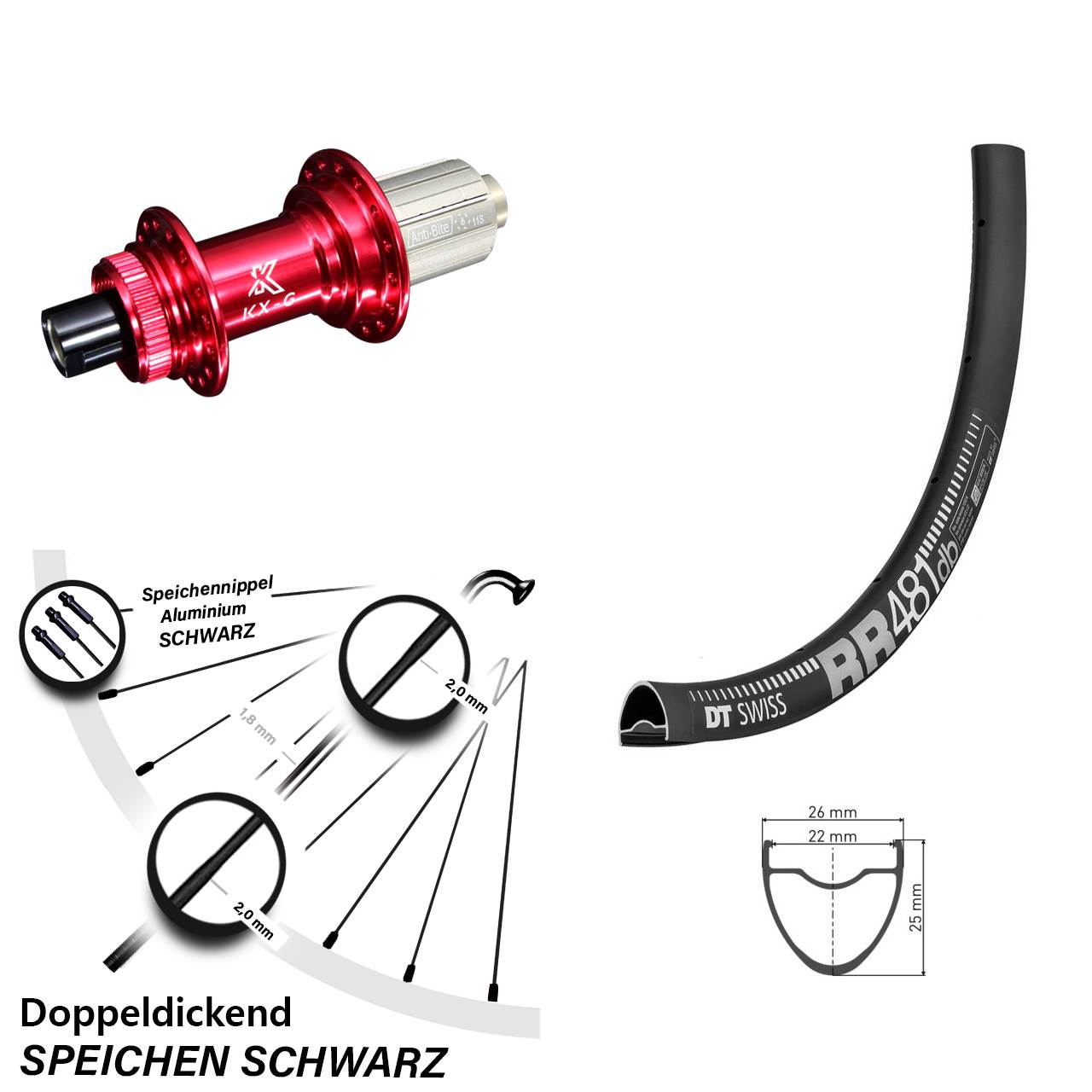 28 Zoll Hinterrad DT Swiss RR 481 DB mit KX-G 8-12 fach Nabe rot-eloxiert