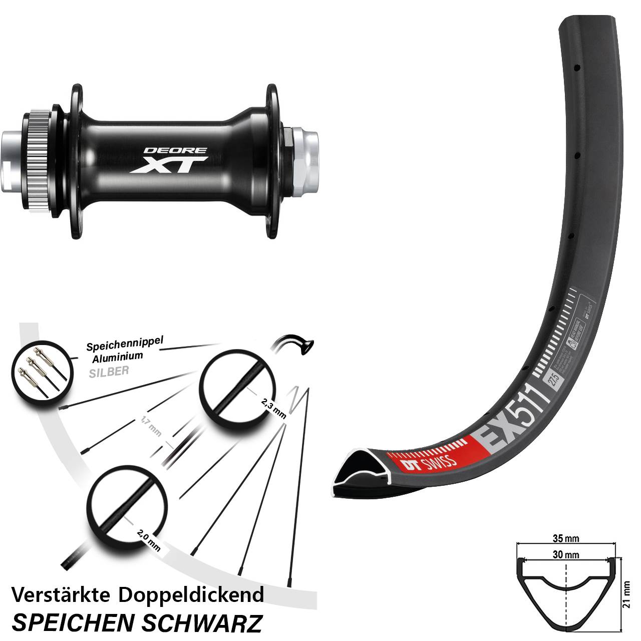 DT Swiss EX 511 Shimano Deore XT HB-M8010-B 27,5 Zoll Disc Vorderrad 15x110 Boost