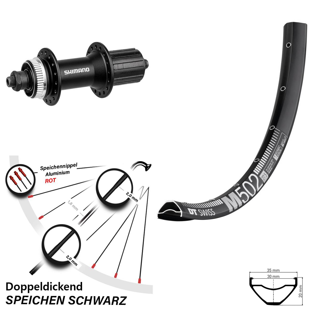 27,5 Zoll DT Swiss M502 Shimano Alivio Disc Hinterrad für Schnellspanner 8-11 fach