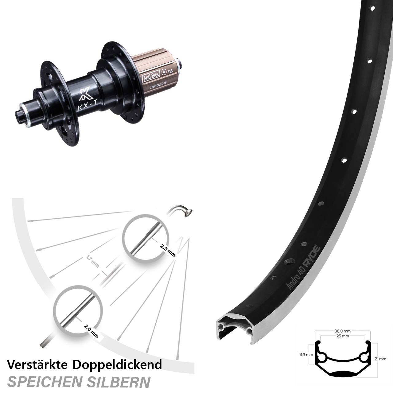 Ryde Andra 40 KX-T 28 Zoll Hinterrad für Schnellspanner 8-12 fach HG