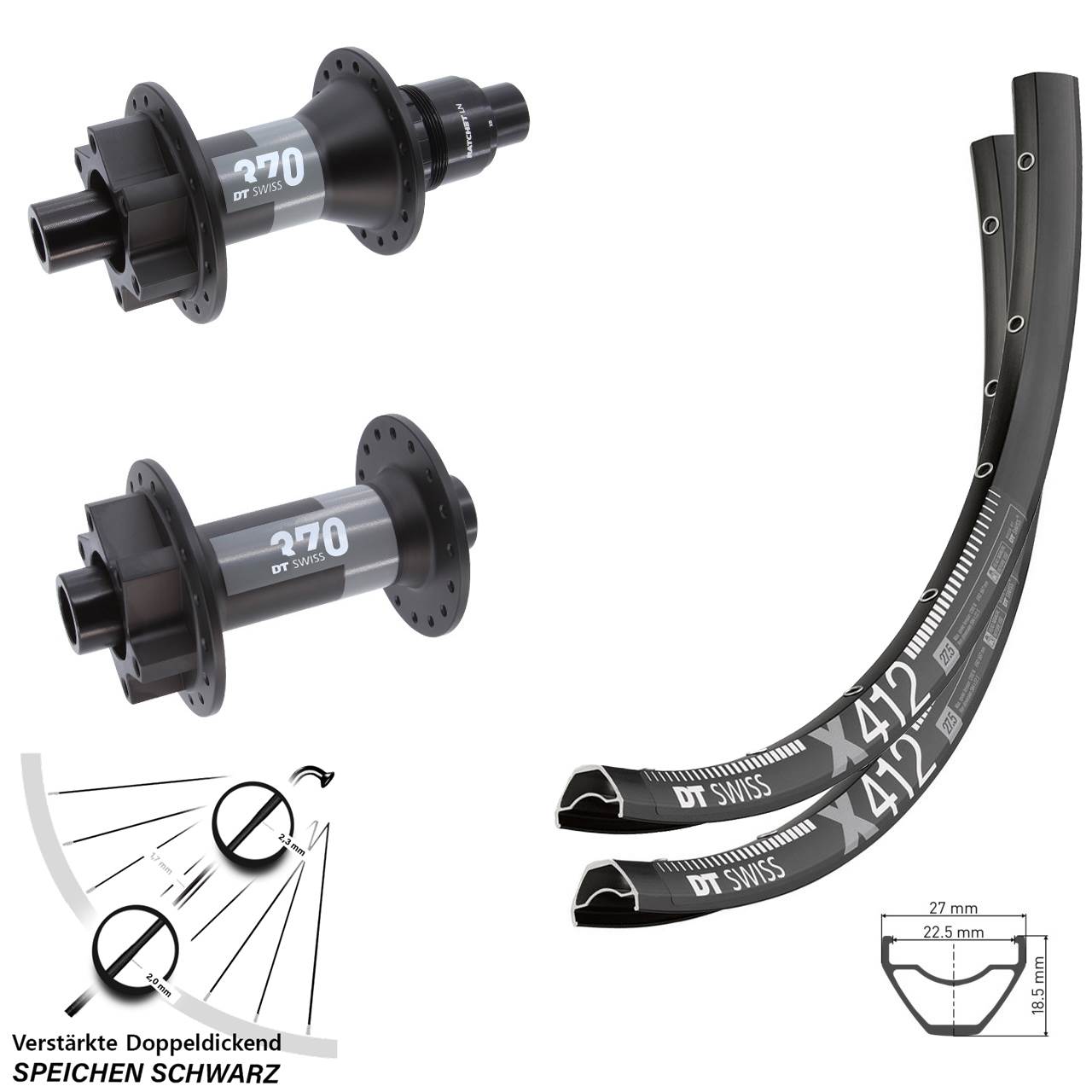 28 Zoll DT Swiss X 412 370 Disc Laufrad-Satz 15x110 12x148 XD