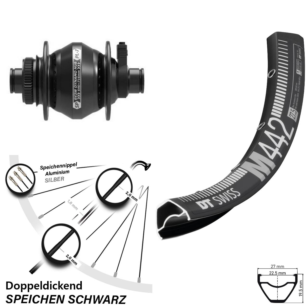 Disc Vorderrad mit Nabendynamo 12x100 28 Zoll DT Swiss M 442 Shutter Precision PL-7